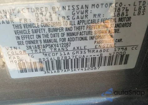 2019 Nissan Sentra S from USA, damaged, VIN 3N1AB7AP5KY412087